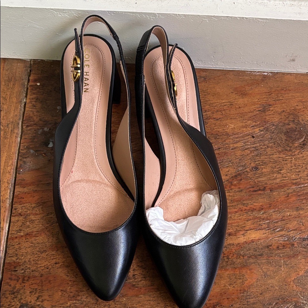 Cole Haan Black Leather Slingback Pointed Toe Heels with Gold Buckle